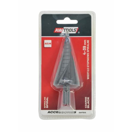 Spirálhornyú lépcsős fúrószár / 4-39 mm / AICrN / fekete, AWTOOLS