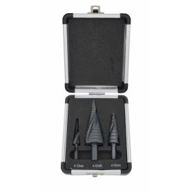   Spirálhornyú lépcsős fúrószár készlet 3 db / 4-12 mm 4-20 mm 4-32 mm / AICrN / fekete / műanyag tok, AWTOOLS